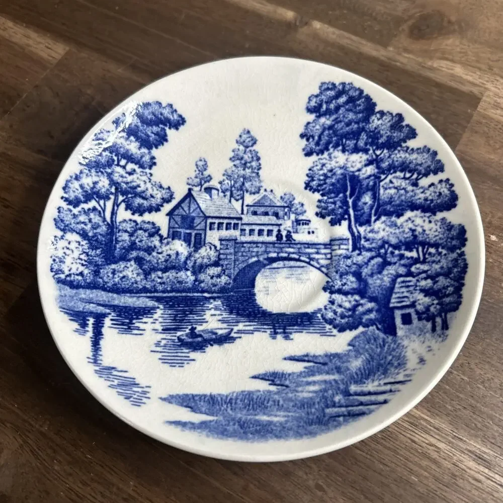 VTG Tea Cup and Saucer Hand Painted Lakeview Blue & White Japan By Nasco Crazing - Picture 5 of 12